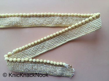 Green / Fuchsia Pink / Beige Velvet Trim With Off White Seed Pearls And Gold Threadwork, Approx. 30mm Wide - 200317L478 / 79 / 80
